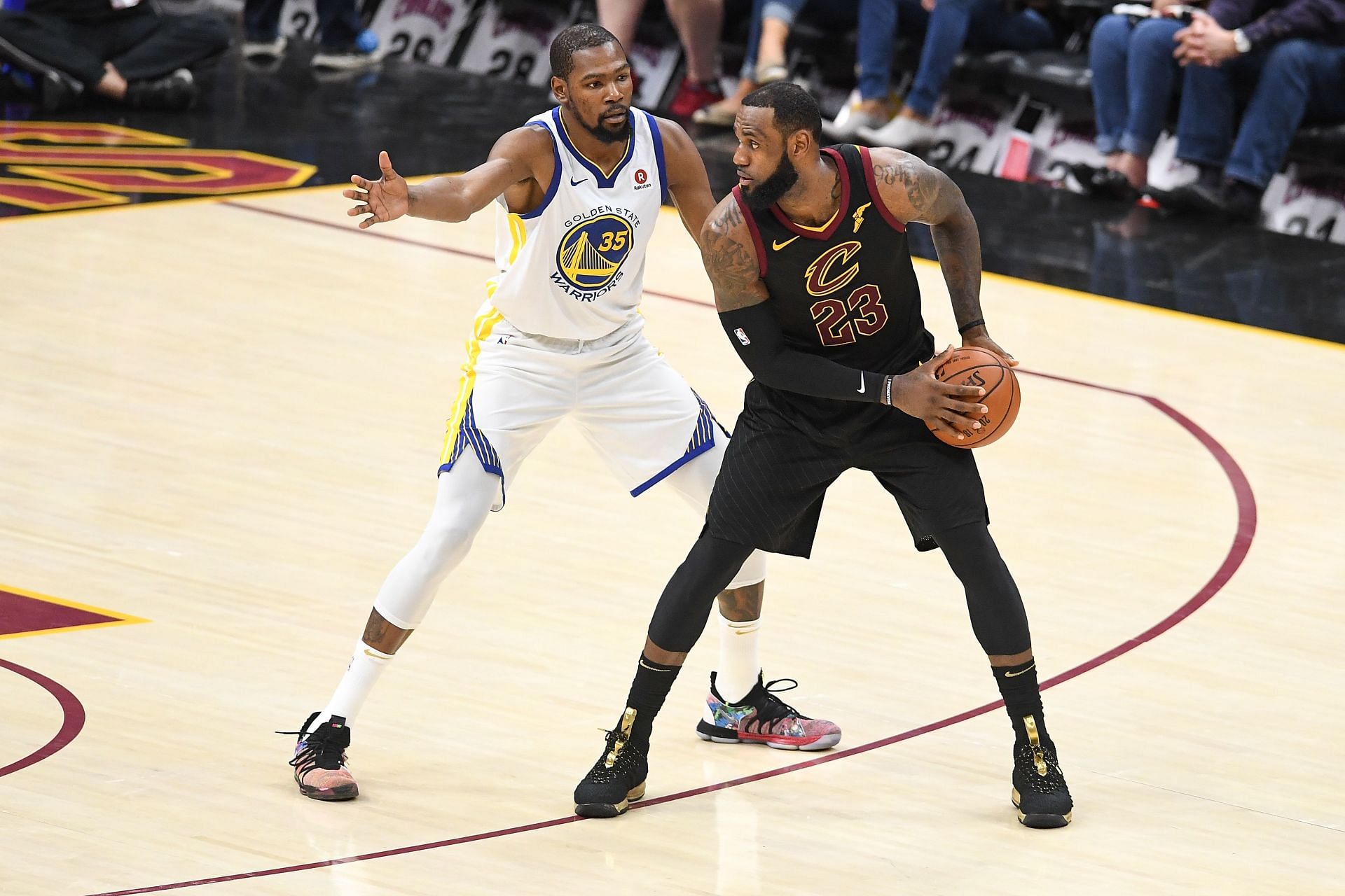 LeBron James is guarded by Kevin Durant