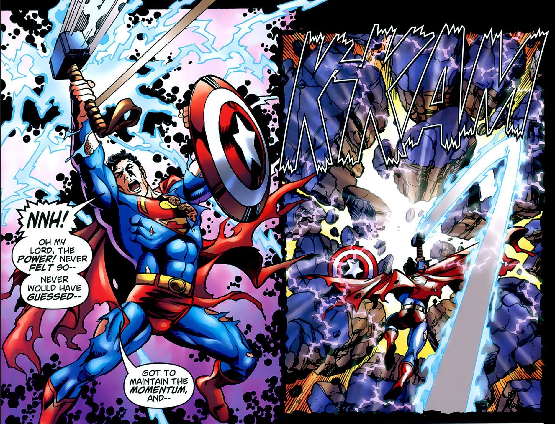 Superman lifting Thor&#039;s hammer and Captain America&#039;s shied (Image via DC)
