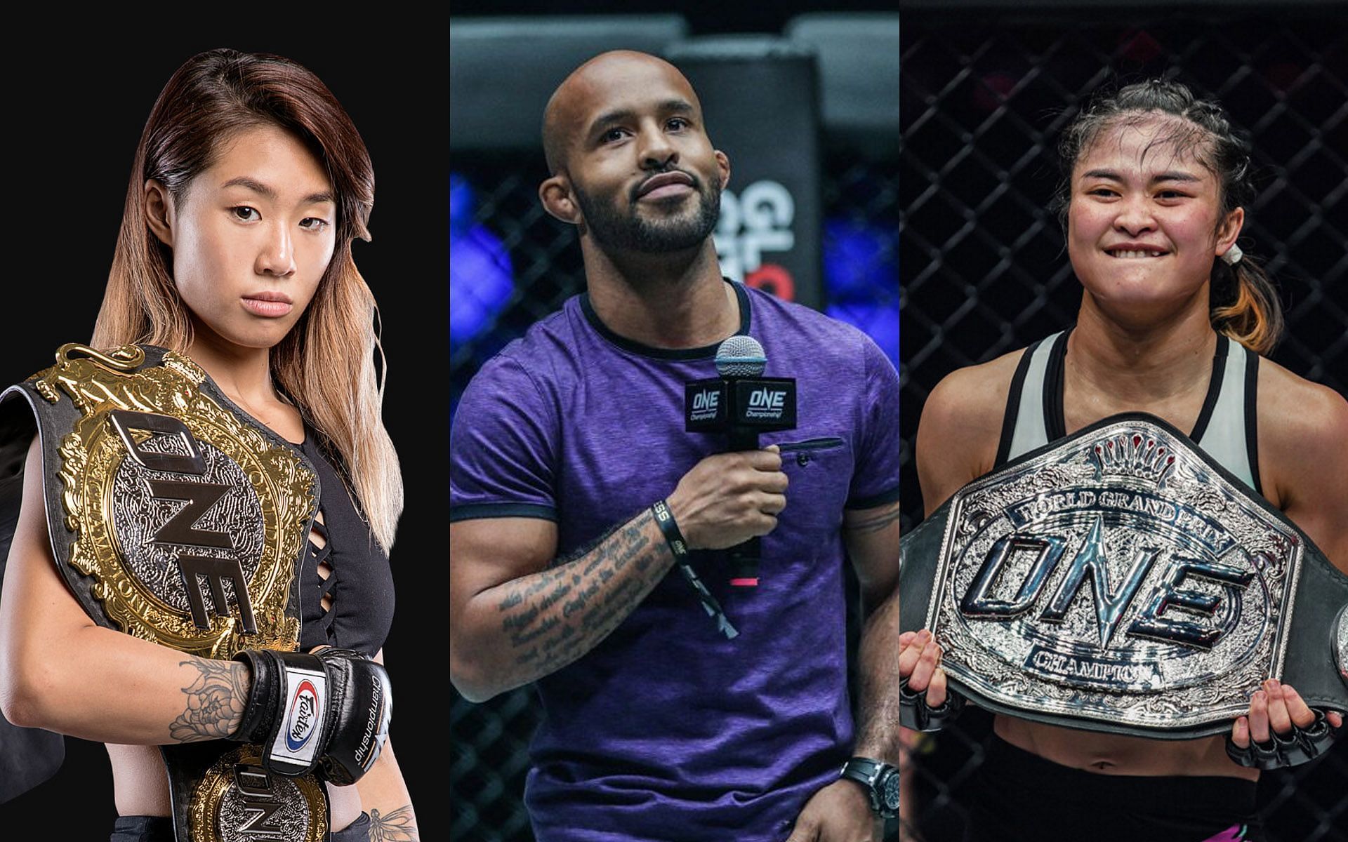 Demetrious Johnson (Center) believes Stamp Fairtex (Right) can take the crown from Angela Lee (Left). | [Photos: ONE Championship]