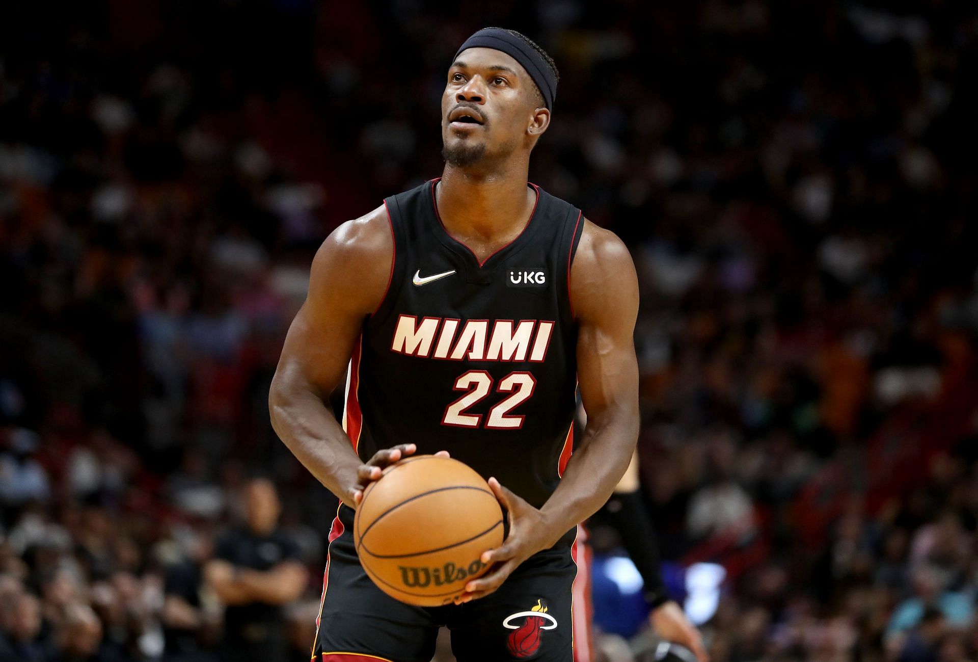 Jimmy Butler #22 of the Miami Heat shoots a free throw.