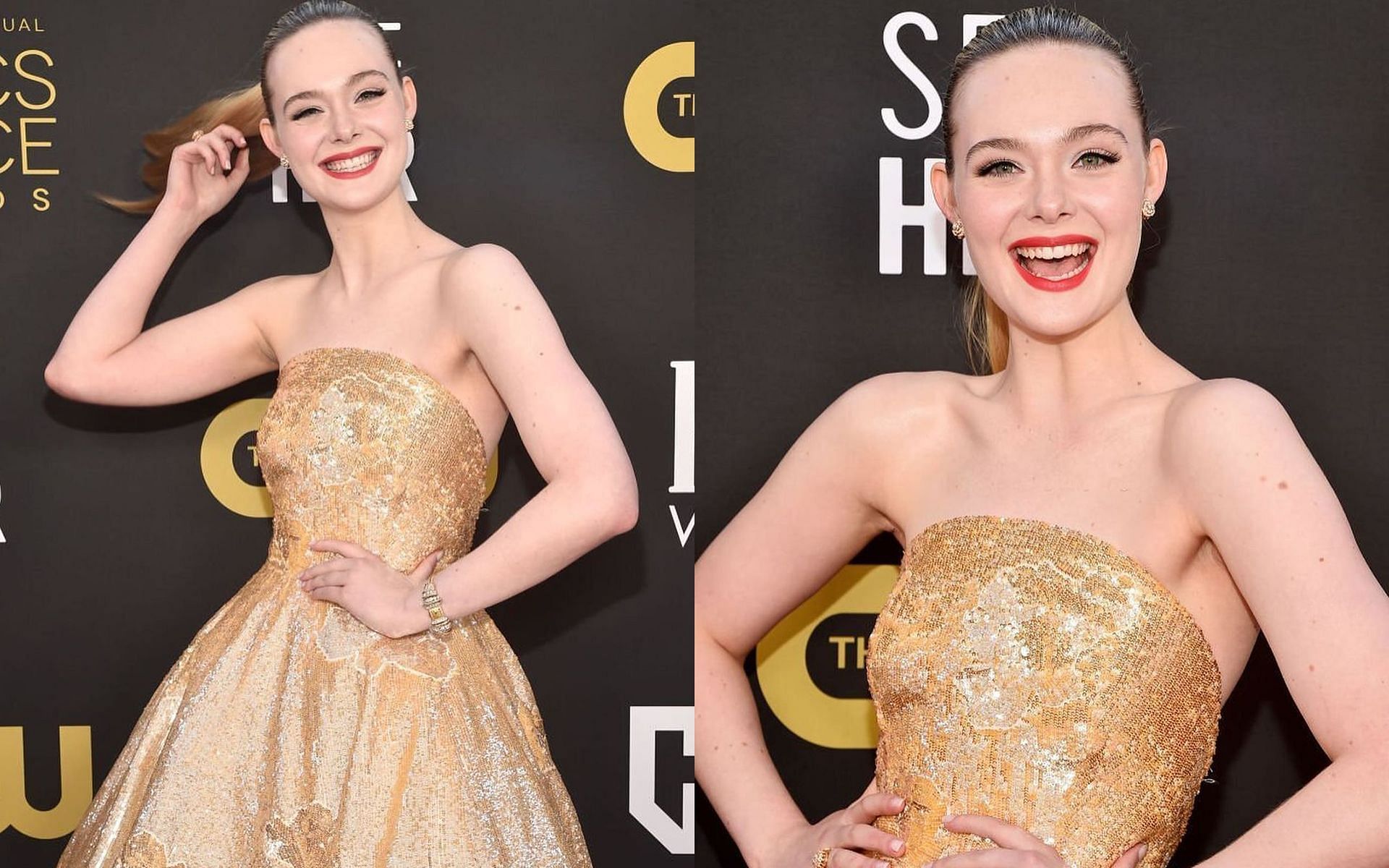 Elle Fanning wore a shimmery golden outfit for the awards night (Image via Instagram/Ellesoft)