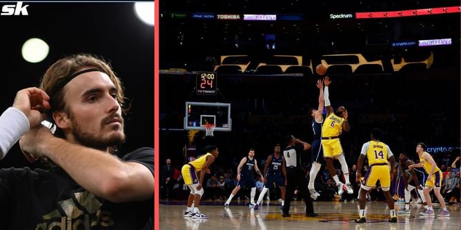 Stefanos Tsitsipas watches NBA match between LA Lakers and Dallas Mavericks at the Crypto.com Arena
