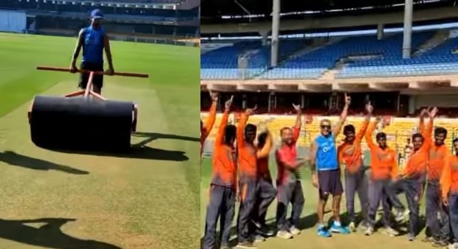 [WATCH] Shikhar Dhawan rolls the pitch, does thigh-five celebration with groundsmen