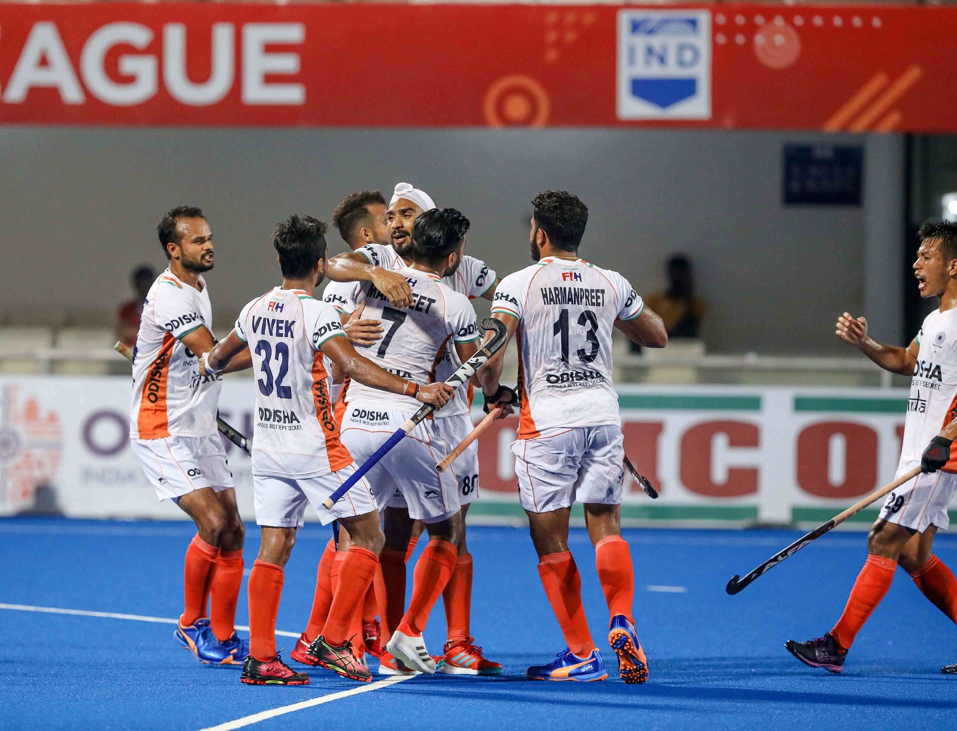 The Indian team celebrate a goal against Argentina. (PC: Hockey India)