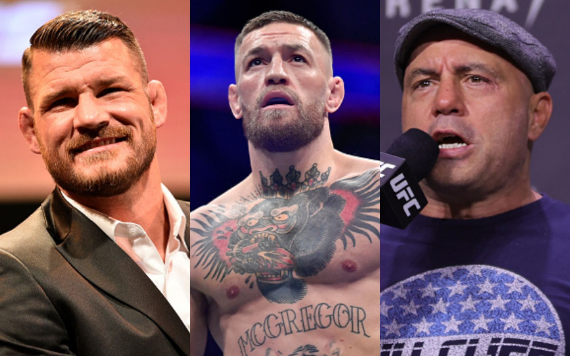 Michael Bisping (left); Conor McGregor (center); Joe Rogan (right)