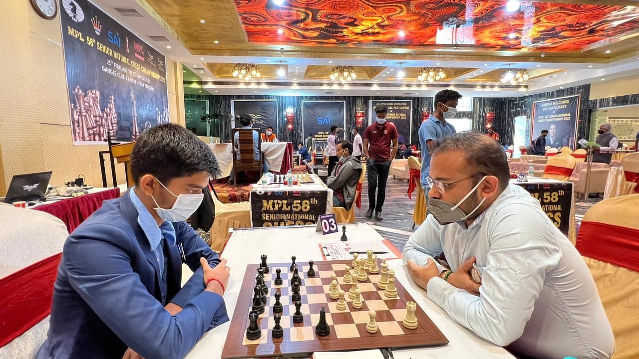 GM Gukesh D (L) beat GM Abhijeet Gupta of PSPB in the tenth round in Kanpur on Wednesday. (Picture: AICF)