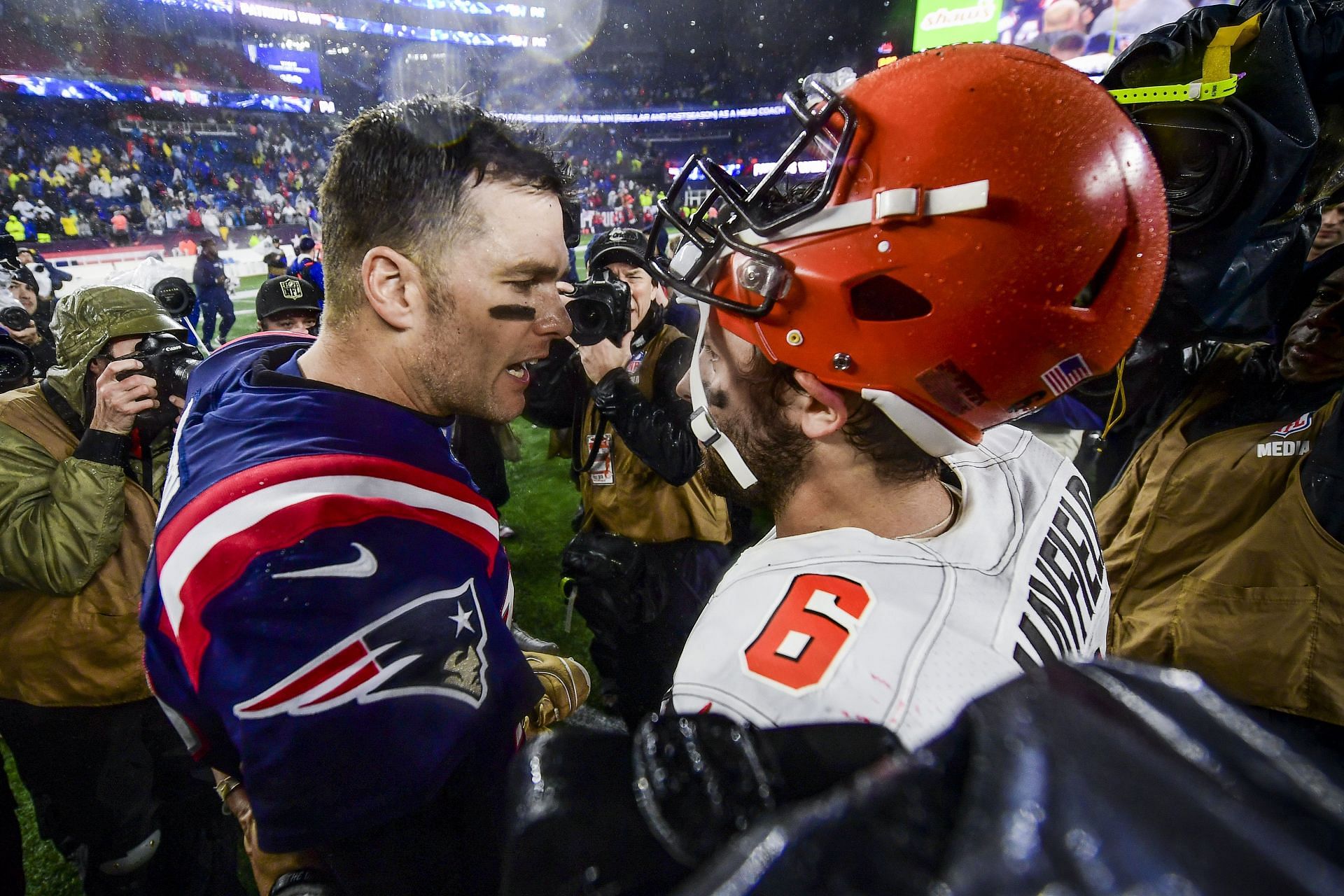Tom Brady and Baker Mayfield talking after a game