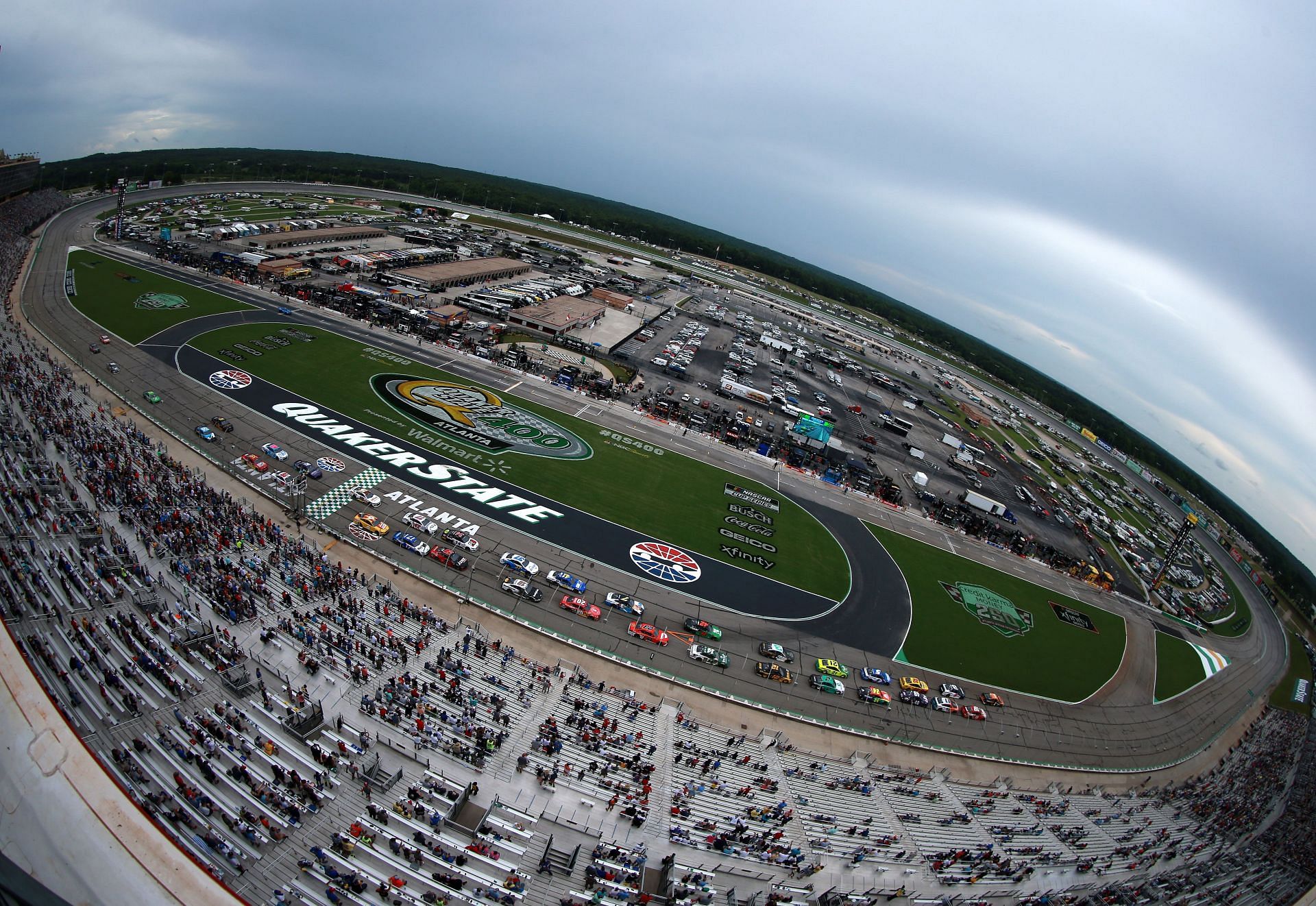 Aerial view of the Atlanta Motor Speedway during the NASCAR Cup Series Quaker State 400 presented by Walmart in 2021 (Photo by Sean Gardner/Getty Images)