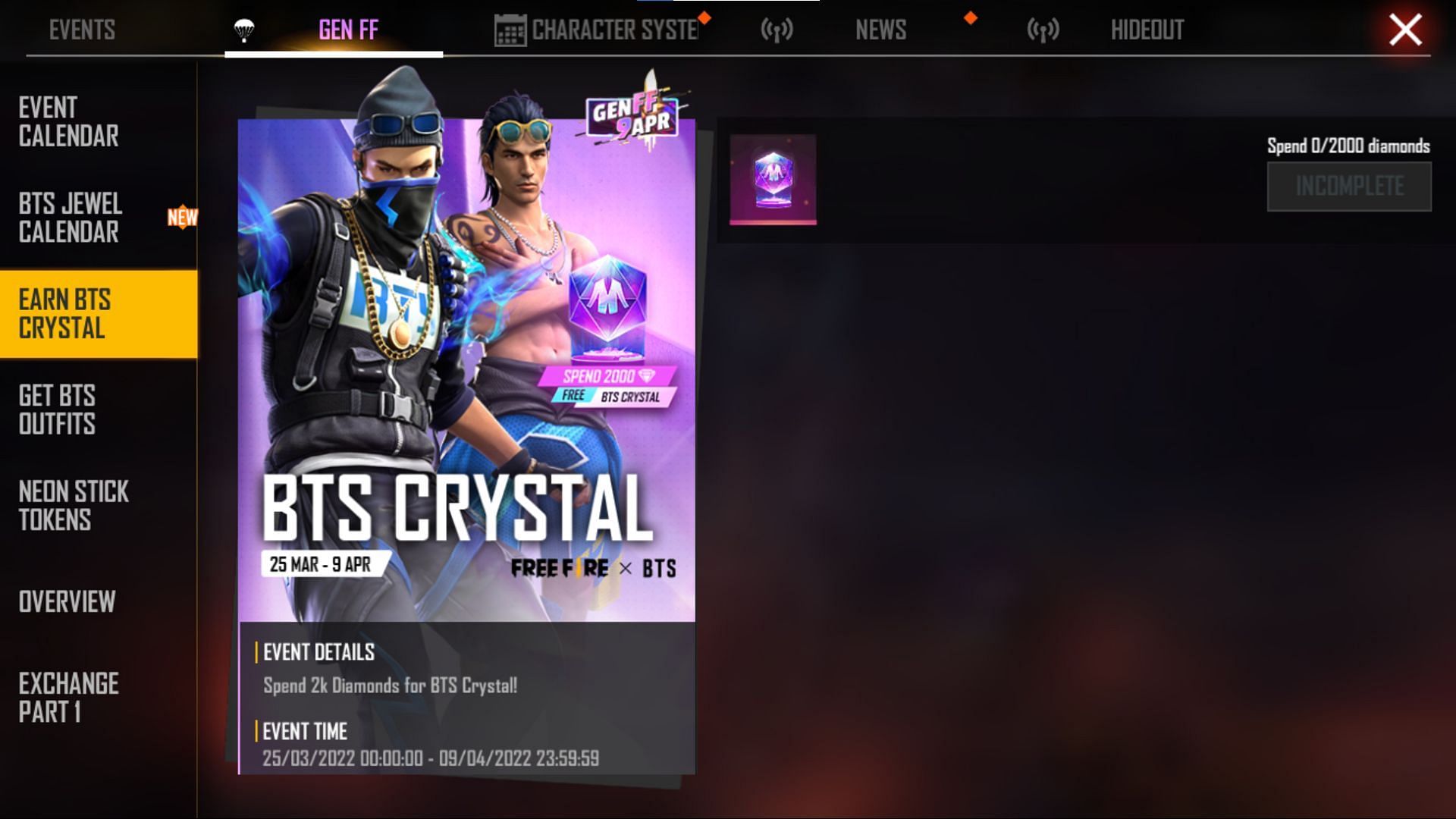 2000 diamonds can be spent by players to get the BTS Crystal (Image via Garena)