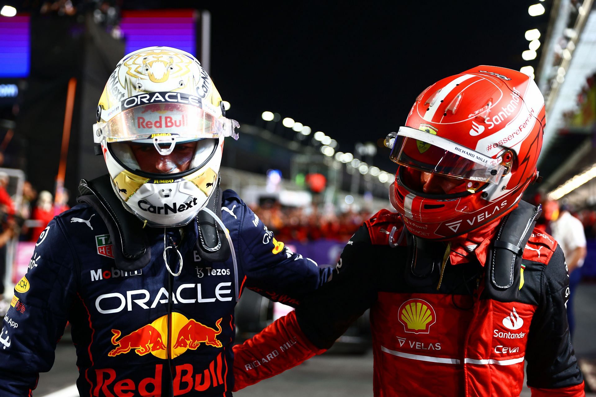 Max Verstappen (left) and Charles Leclerc (right) battled it out for the second time in a row in the Saudi Arabian GP