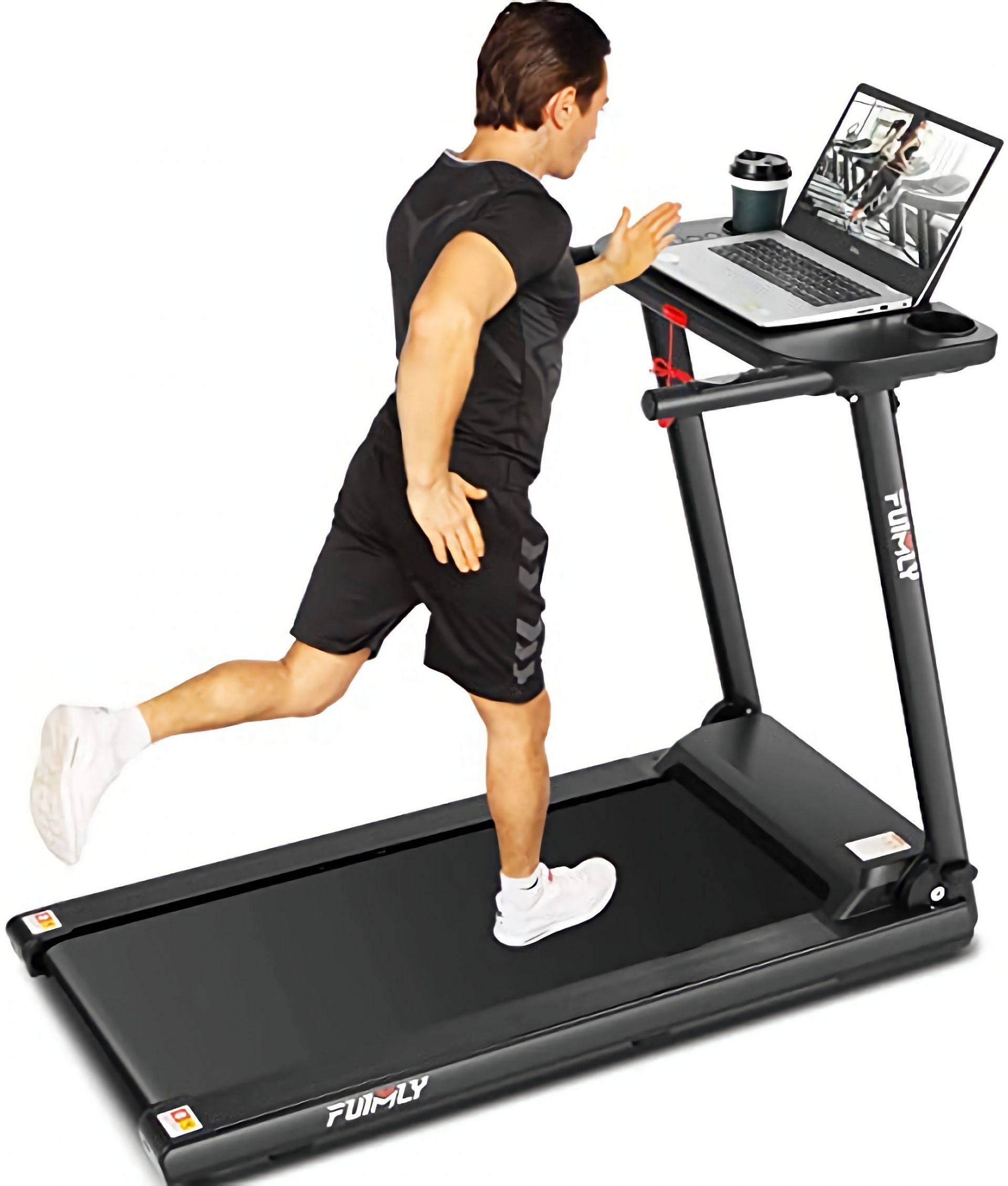 Folding treadmill with large desktop space included