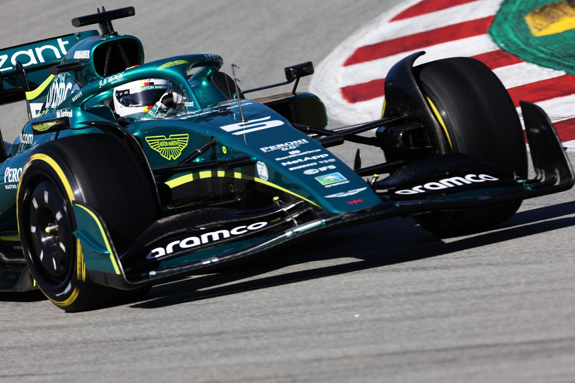 Aston Martin&#039;s Sebastian Vettel driving the AMR22 during Day One of F1 Testing in Barcelona (Photo by Mark Thompson/Getty Images)