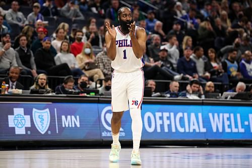 James Harden of the Philadelphia 76ers reacts against the Minnesota Timberwolves on Feb. 25 in Minneapolis, Minnesota.