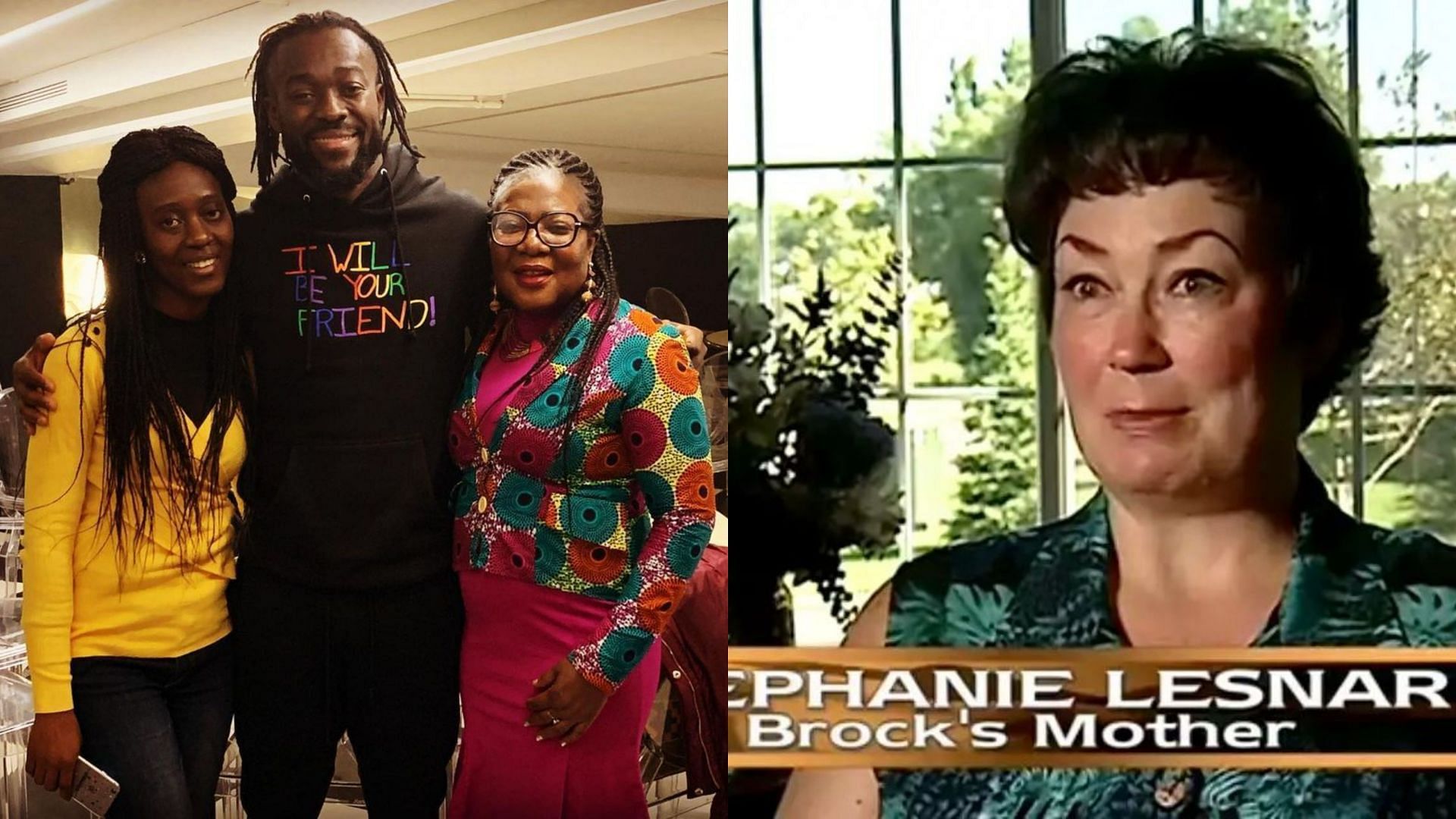 Kofi Kingston with his mother and cousin (left) and Brock Lesnar&#039;s mother (right)