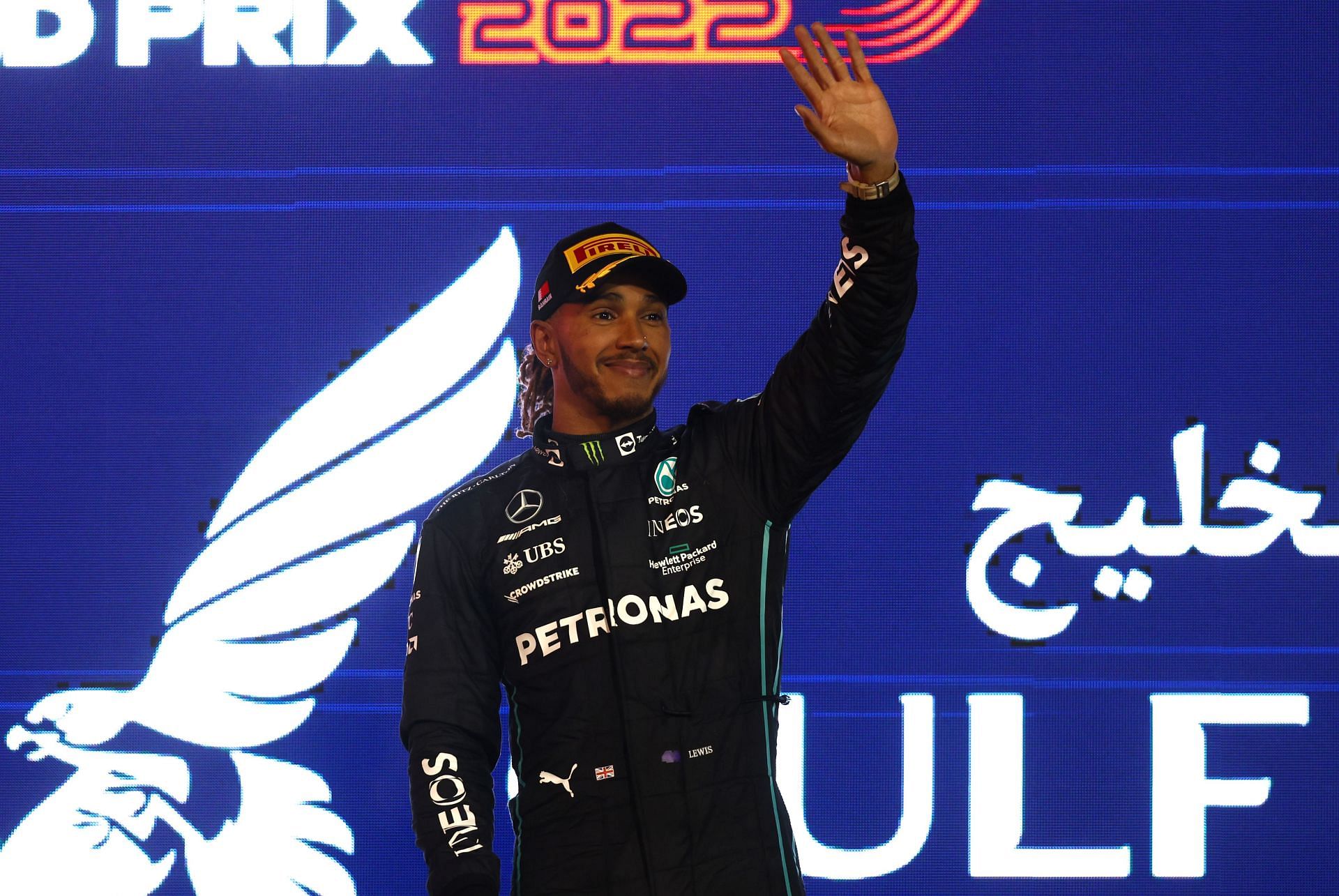 F1 Grand Prix of Bahrain - Lewis Hamilton celebrates after securing P3 in the race