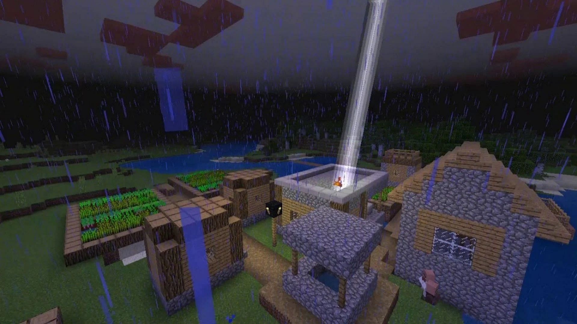 Lightning strikes a nearby village during a thunderstorm (Image via MasterlazorX/YouTube)