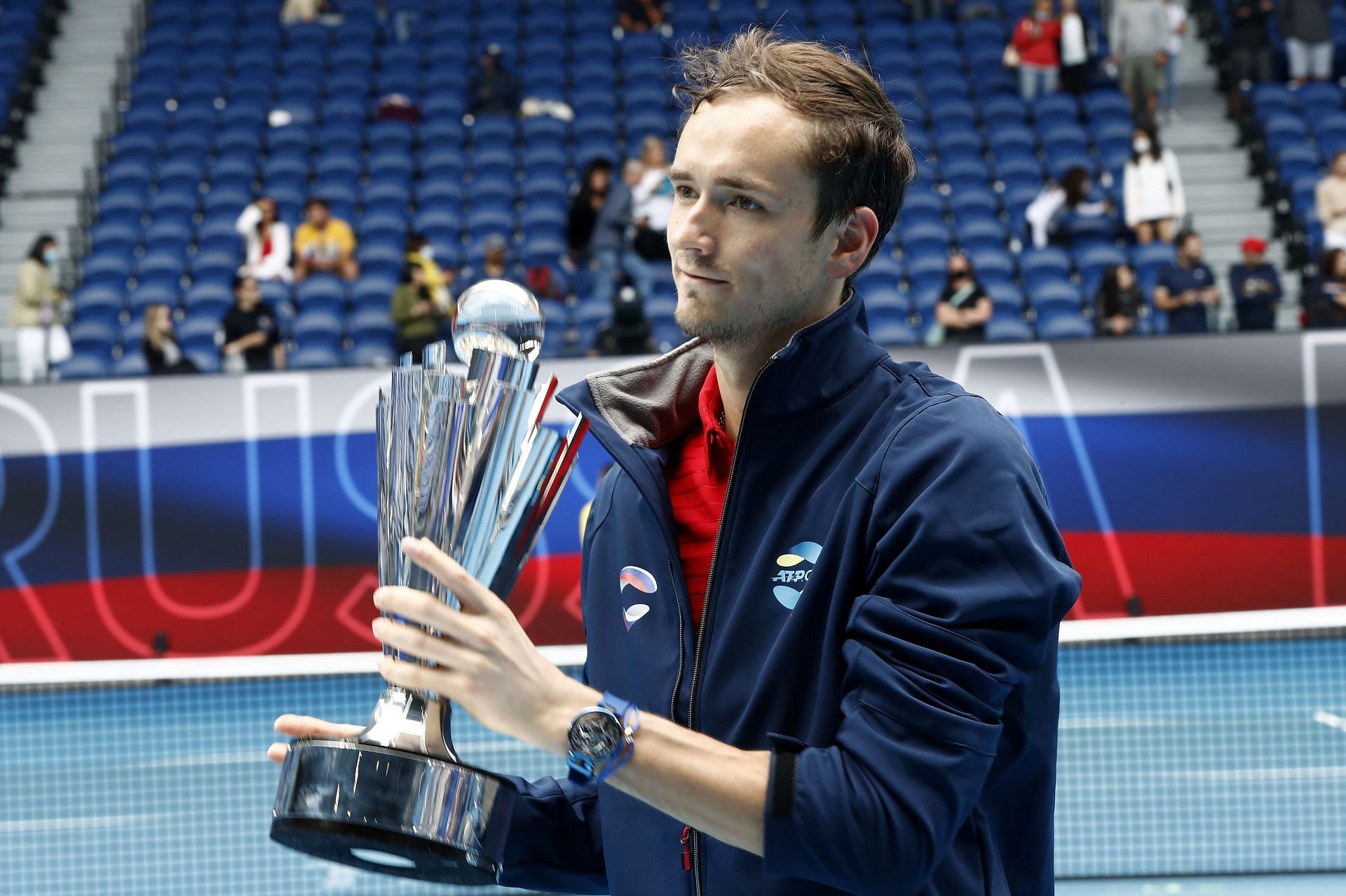 Daniil Medvedev holds the ATP Cup trophy after Russia won the 2021 edition of the event.