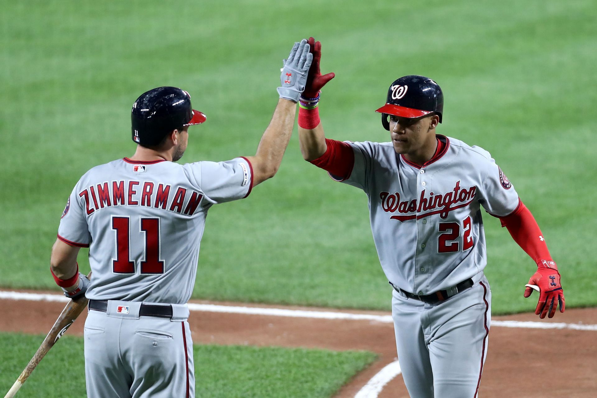 Ryan Zimmerman (left) and Juan Soto (right) during a Washington Nationals v Baltimore Orioles game