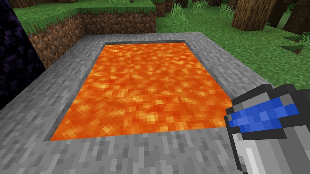 Players must pour a water bucket onto the lava to create obsidian (Image via Minecraft)