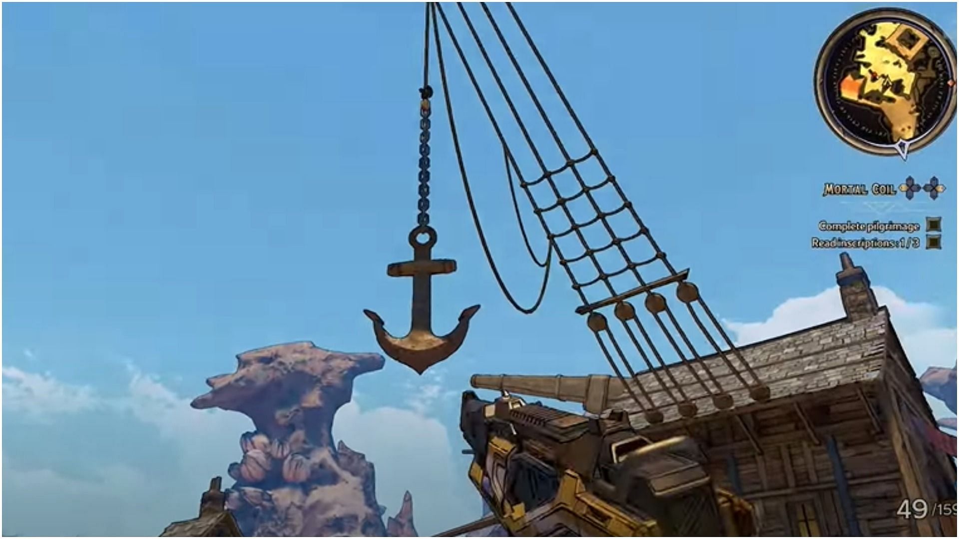 Players must fire the dangling anchor in the centre of the area in Tiny Tina&#039;s Wonderlands (Image via YouTube/100% Guides)