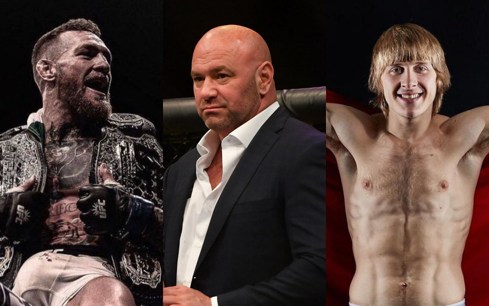 (L to R) Conor McGregor via Instagram @thenotoriousmma, Dana White and Paddy Pimblett via Twitter @DanaNurmagomed2 and @MMAFighting