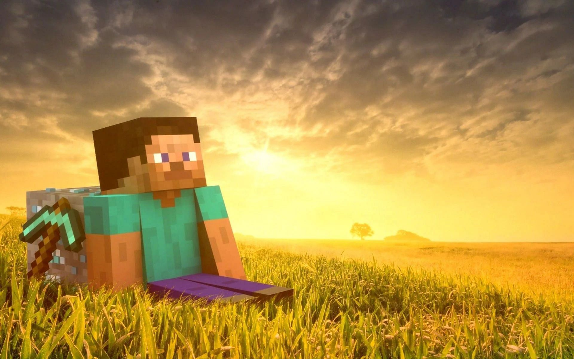 Steve enjoys the sunset in Minecraft (Image via WallpaperAccessMinecraft)