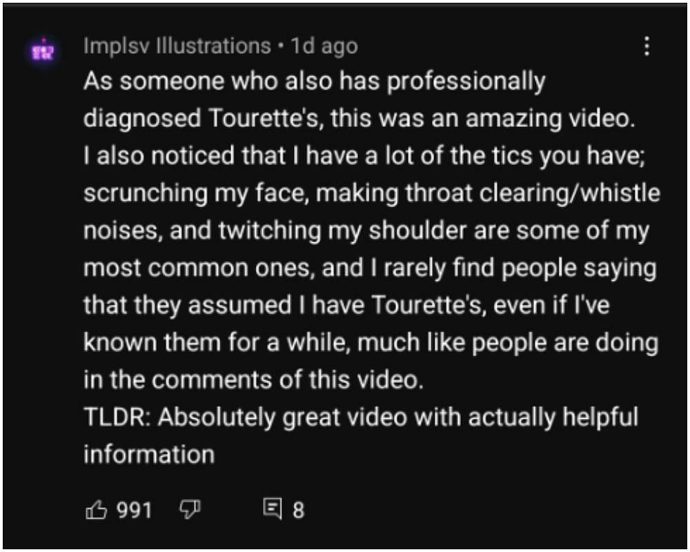 Tourettes is not especially uncommon and several of the commenters have it (Image via YouTube)