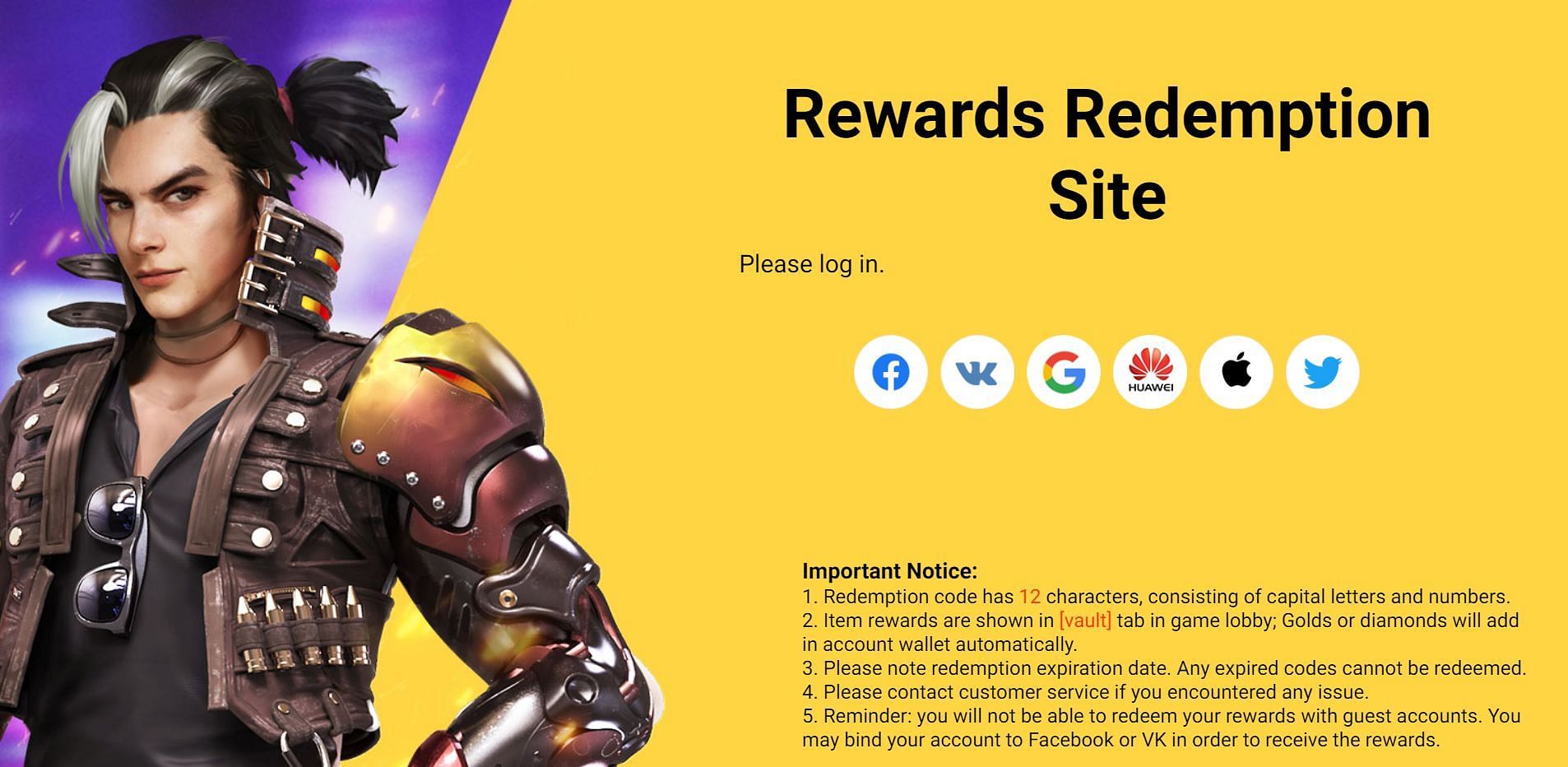 The Rewards Redemption Site offers multiple login options (Image via Garena)
