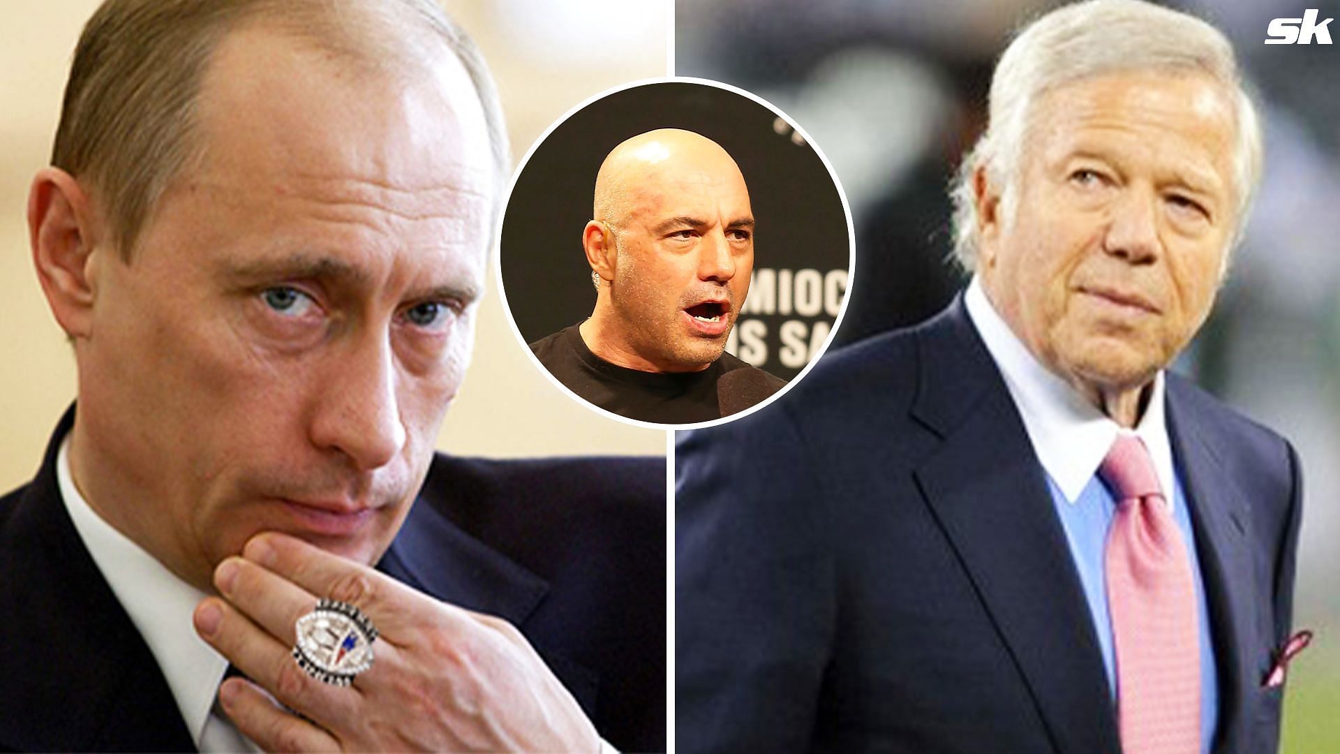 Russian Prime Minister Vladimir Putin and Patriots owner Robert Kraft (inset: Joe Rogan)