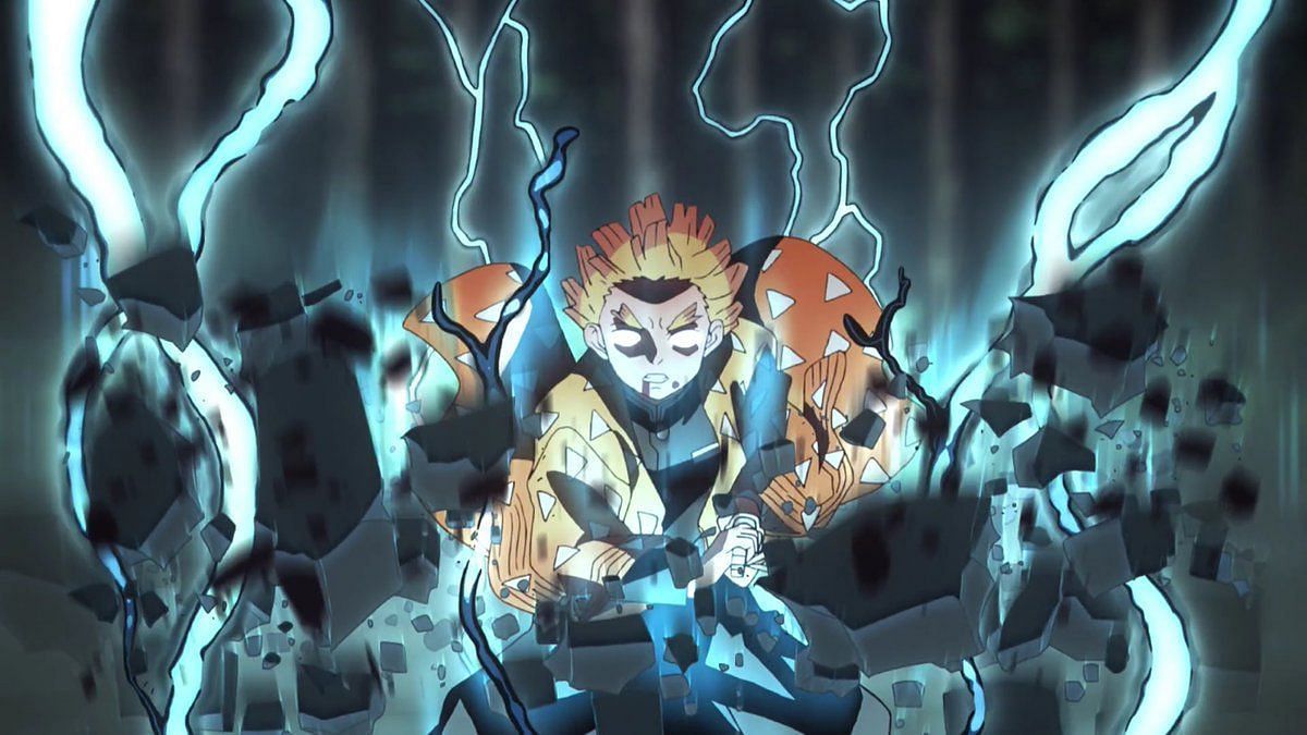 Zenitsu Agatsuma using Thunder Breathing&#039;s First Form: Thunderclap and Flash Sixfold (Image via Ufotable)