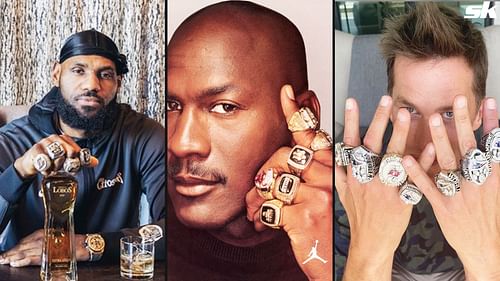 LeBron James, Michael Jordan, and Tom Brady pictured with their championship rings