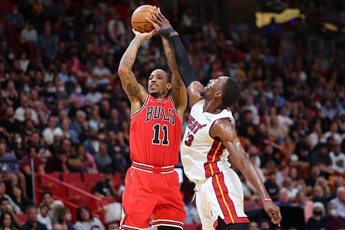 DeMar DeRozan in action during Chicago Bulls v Miami Heat