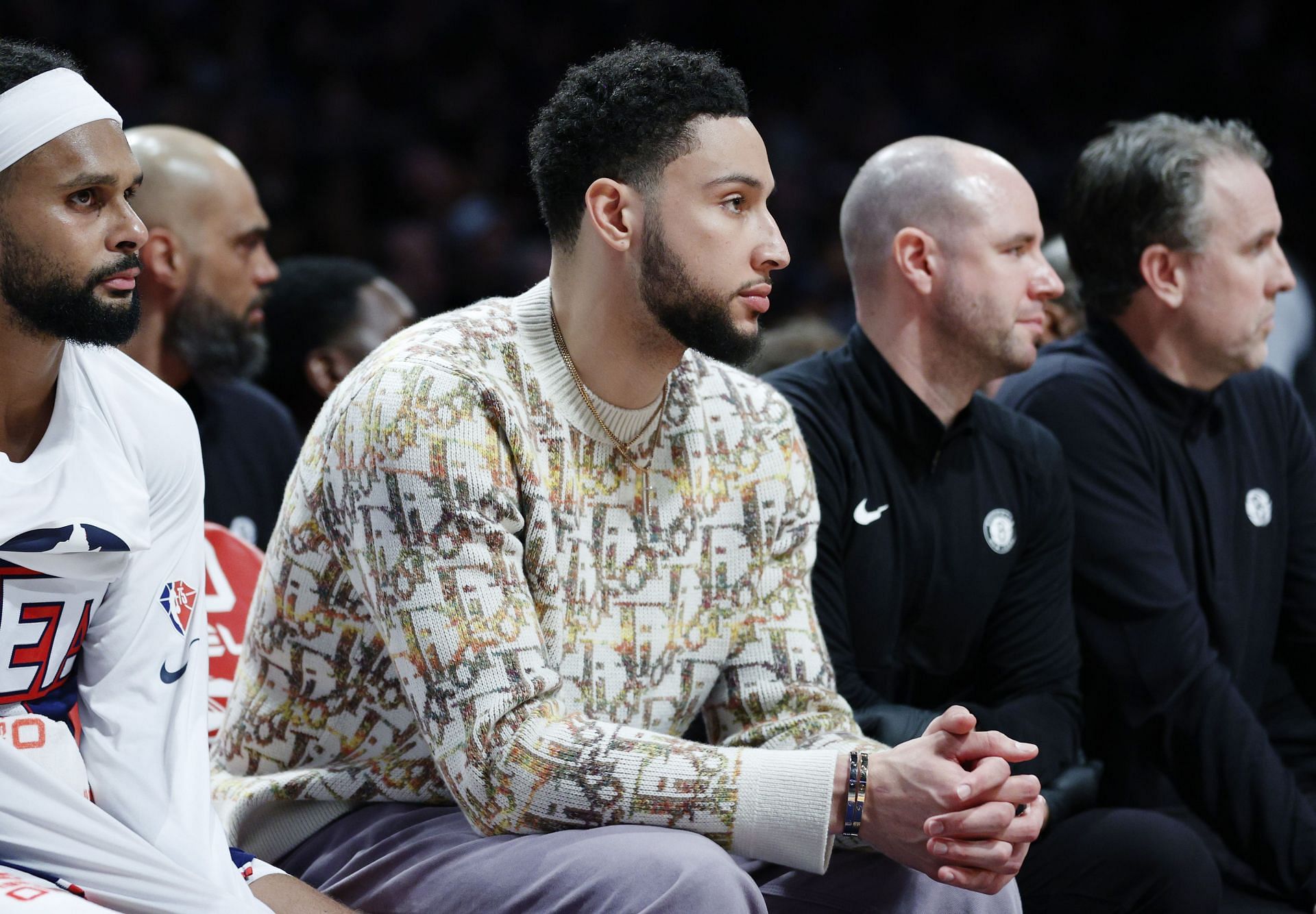 Ben Simmons #10 of the Brooklyn Nets looks on from the bench during the first half against the Portland Trail Blazers at Barclays Center on March 18, 2022 in the Brooklyn borough of New York City.