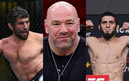 Beneil Dariush [left], Dana White [center], Islam Makhachev [right]