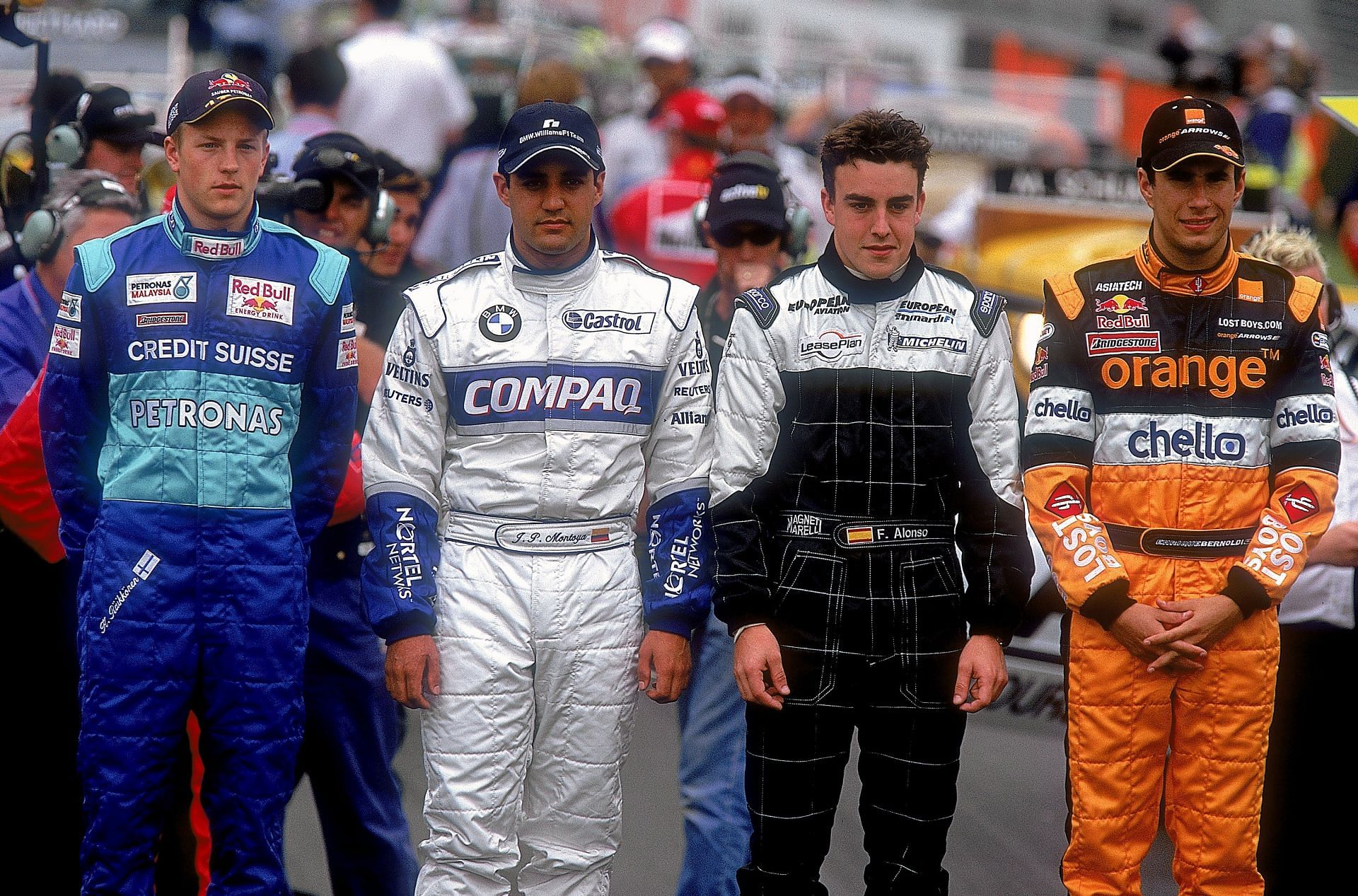 The 2001 season&#039;s new drivers: (L to R) Kimi Raikkonen, Juan Pablo Montoya, Fernando Alonso, and Enrique Bernoldi before the F1 Australian Grand Prix (Credit: Clive Mason /Allsport)