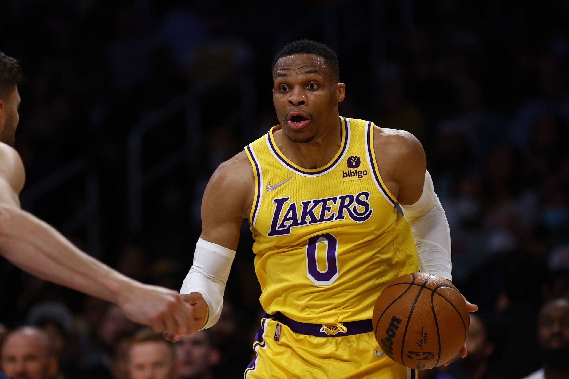 Russell Westbrook #0 of the Los Angeles Lakers at Crypto.com Arena on March 01, 2022 in Los Angeles, California.