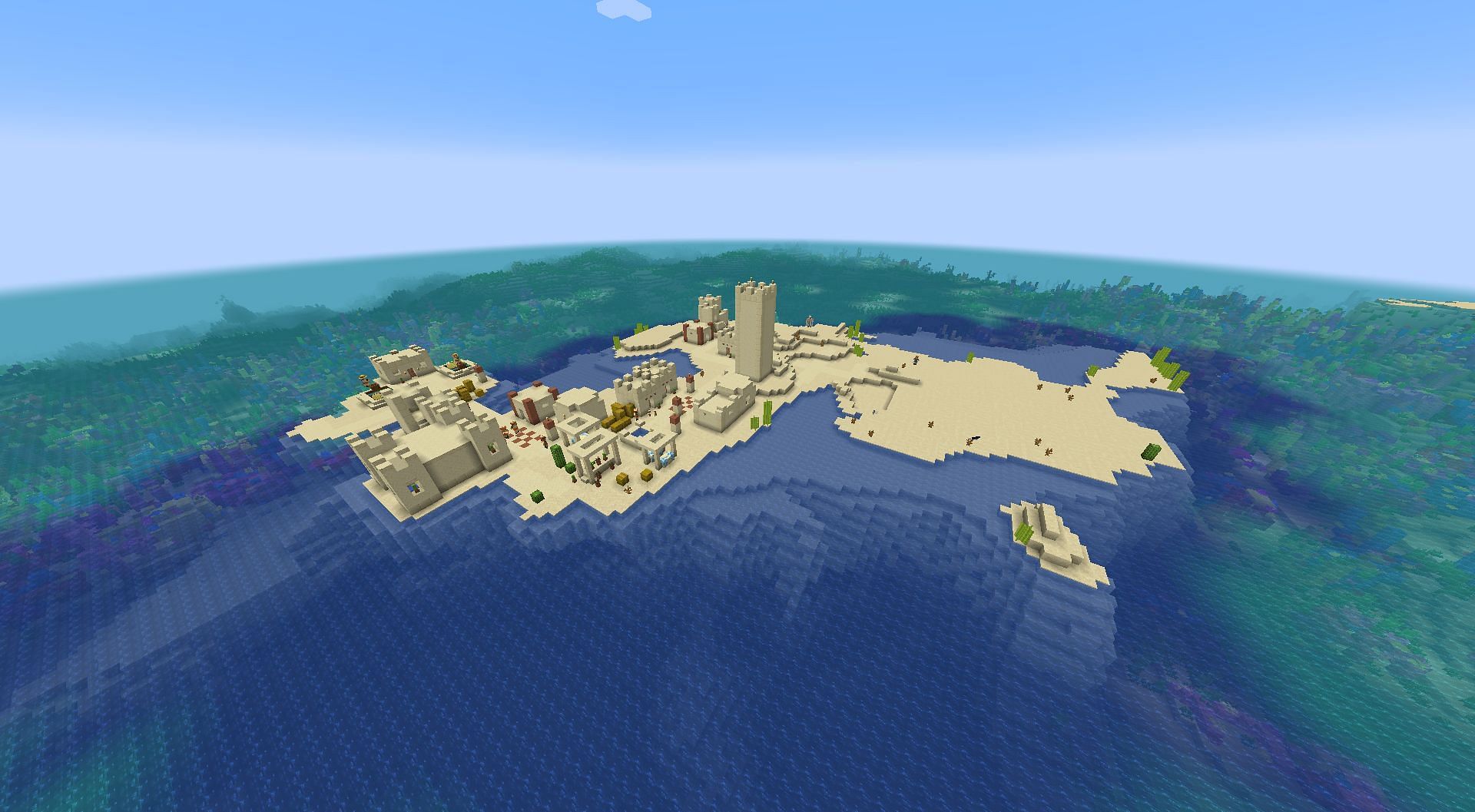 Desert island with village (Image via u/Mortal_Mantis on Reddit)