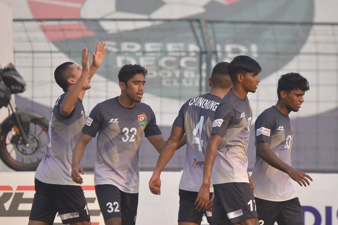 Sreenidi Deccan FC players celebrate a goal in the I-League (Image Courtesy: I-League)