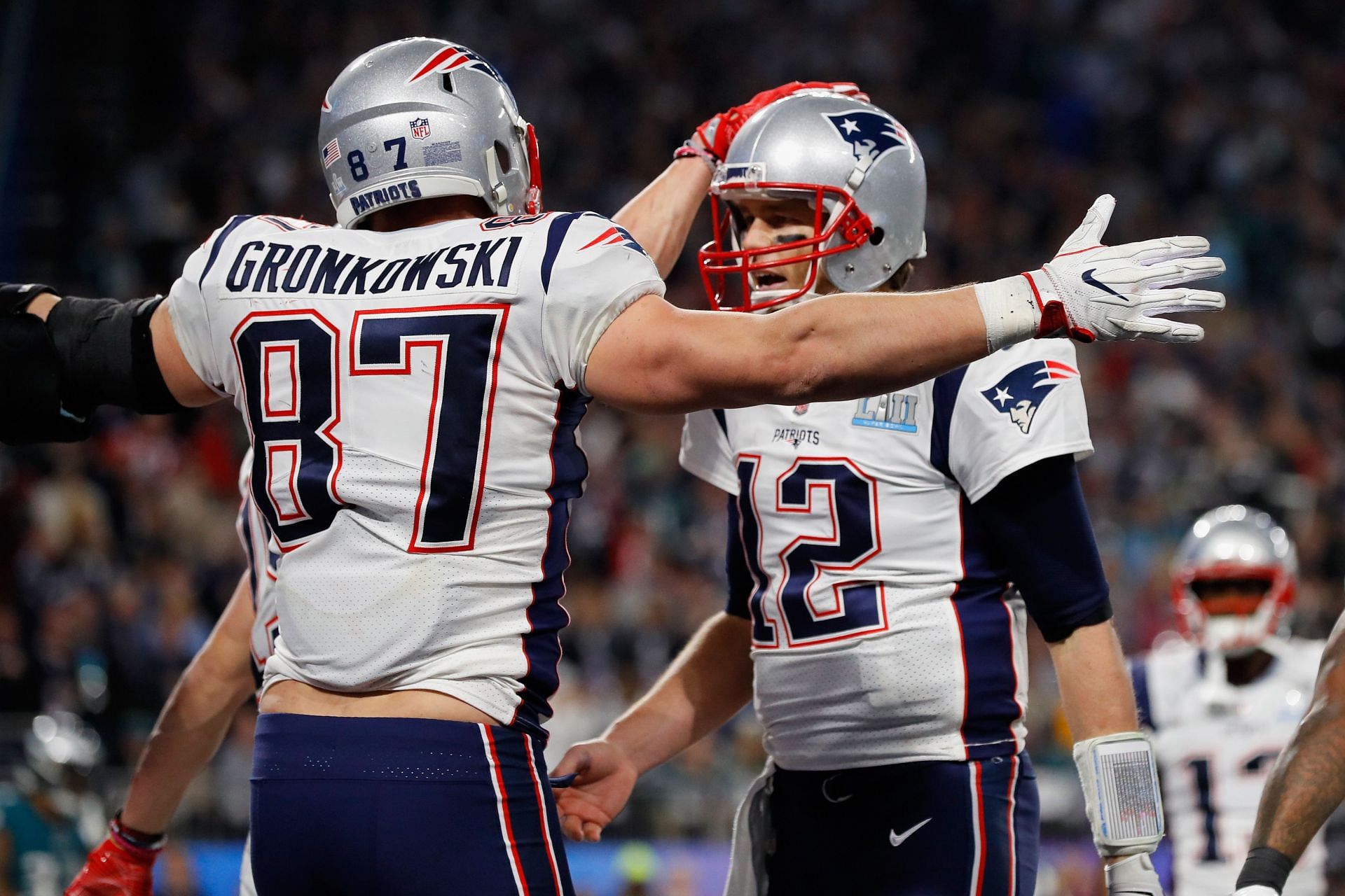 Rob Gronkowski and Tom Brady celebrate a touchdown at Super Bowl LII