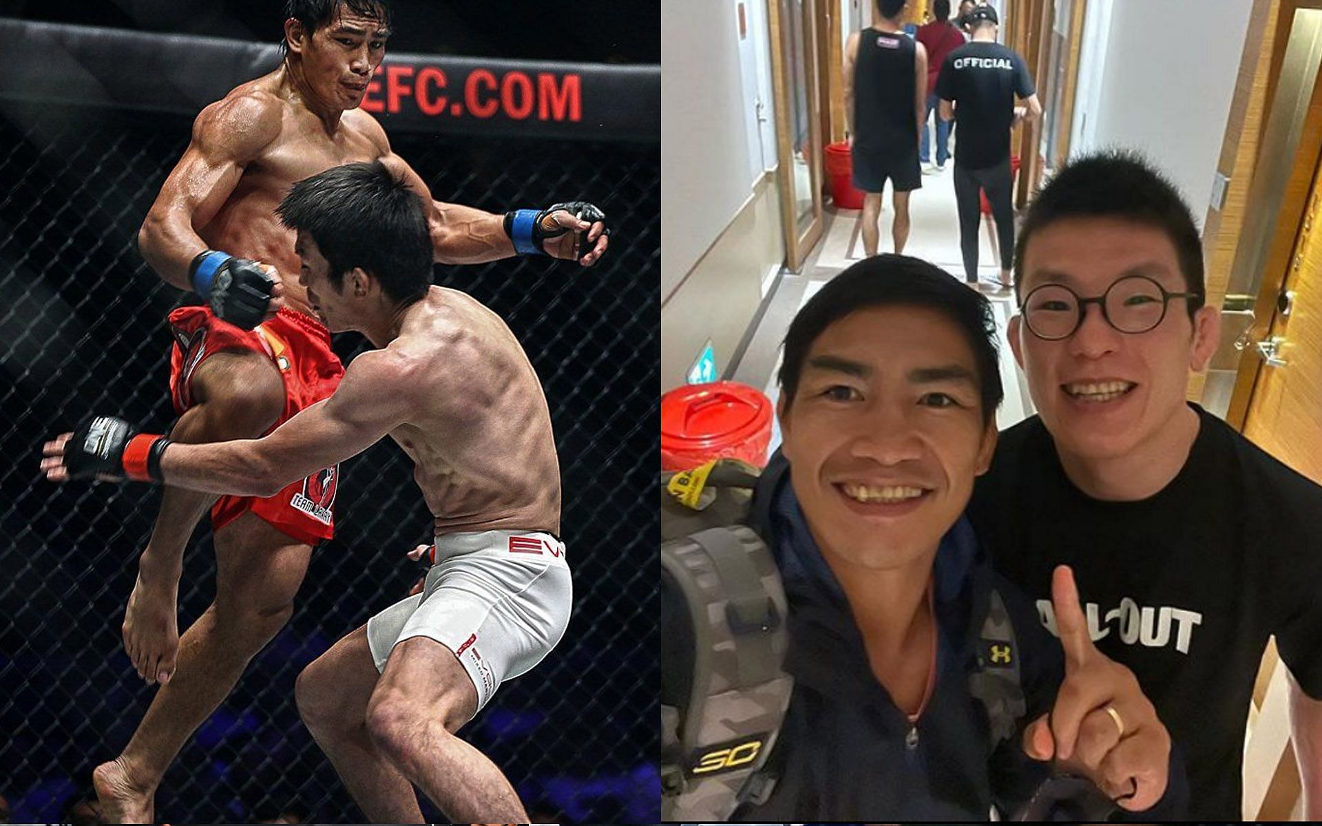 Left: Eduard Folayang (red shorts) vs. Shinya Aoki in 2016 [Photo: ONE Championship]/ Right: Folayang and Aoki at the hotel lobby for ONE X [Photo: @the.landslide on Instagram]