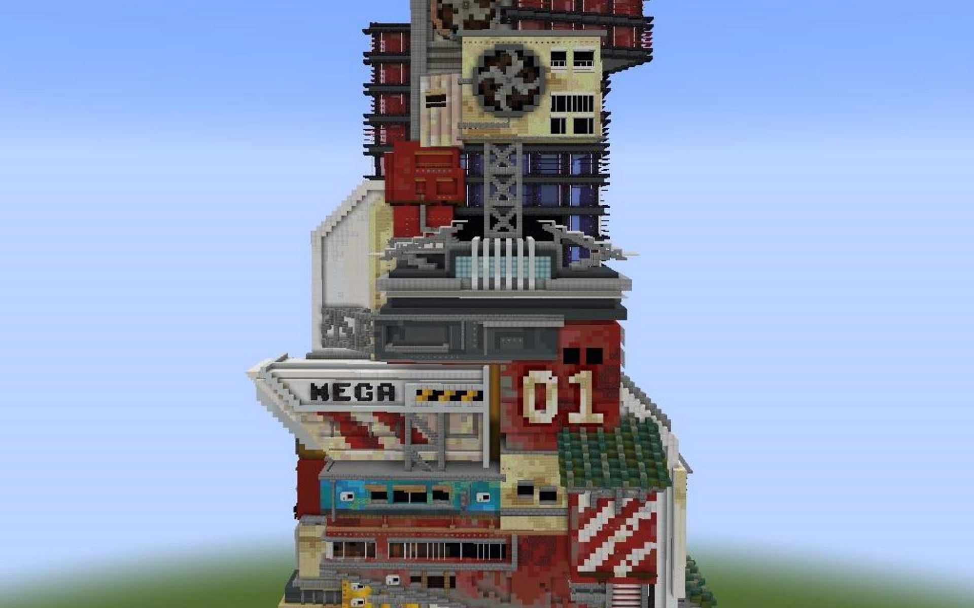 Cyberpunk skyscraper built in Minecraft (Image via u/Megatorius Reddit)