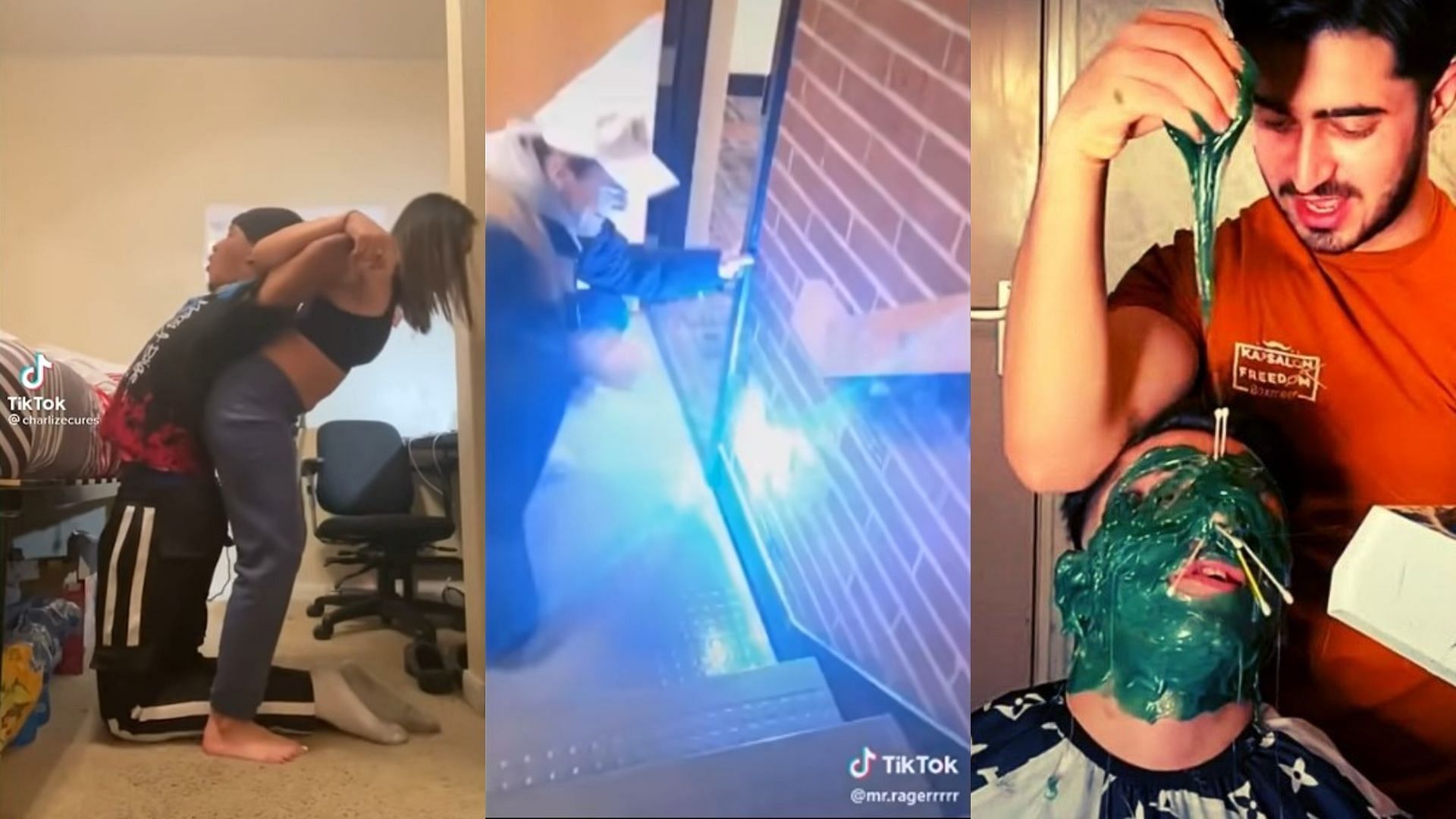 Back Cracking Challenge, Penny Challenge, and Full Face Wax Challenge are among the deadliest TikTok challenges (Images via charlizecures/TikTok, mr.ragerrrrr/TikTok, and YouTube)