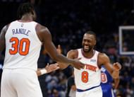 Kemba Walker (right) of the New York Knicks reacts with Julius Randle