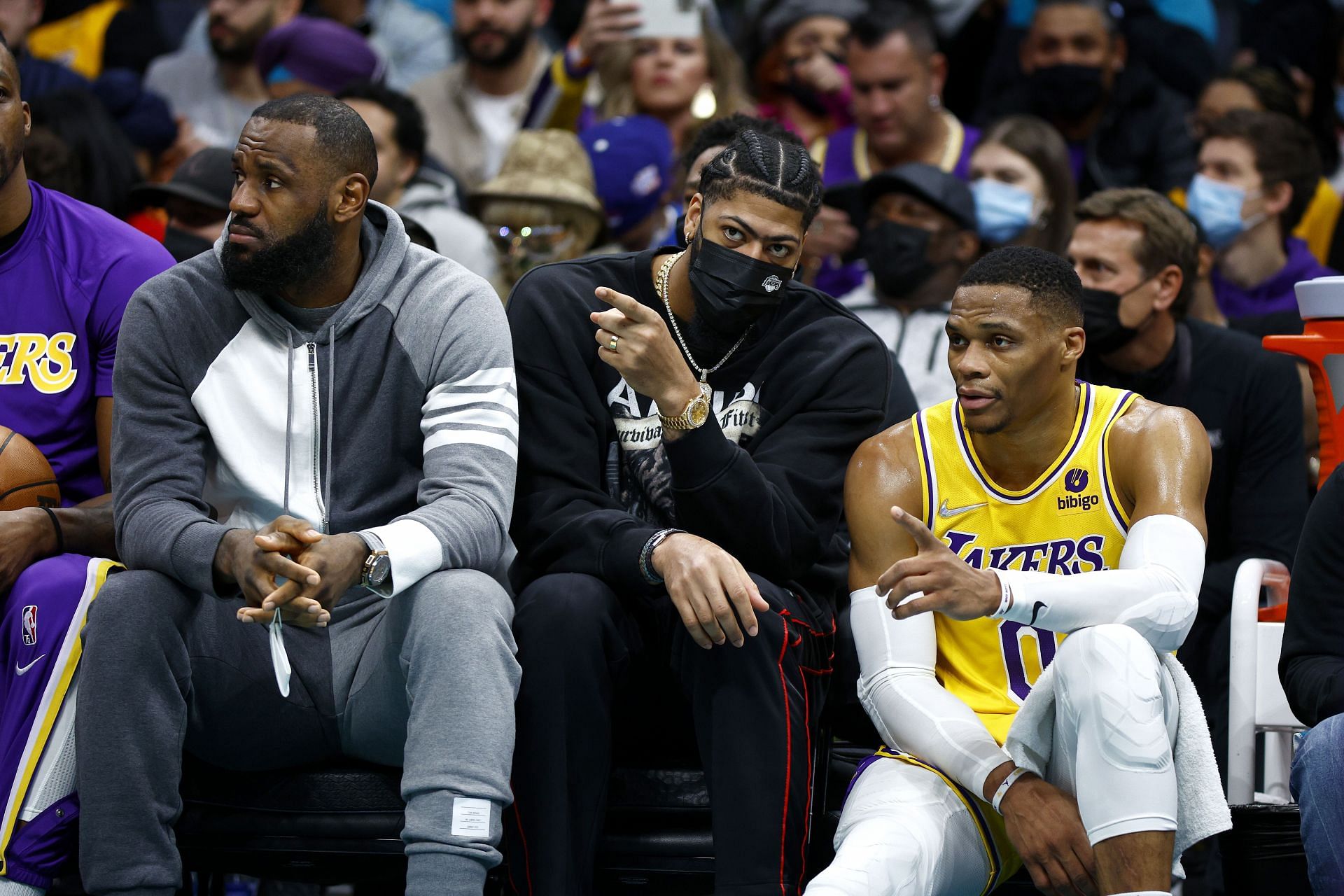 LeBron James and Anthony Davis on the LA Lakers bench with Russell Westbrook