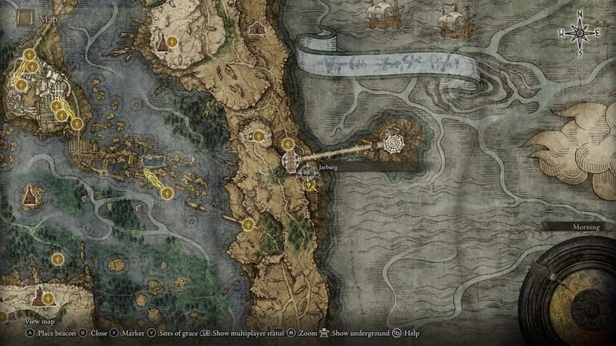 A look at Jar Bairn&#039;s location on the Elden Ring map (Image via FromSoftware Inc.)