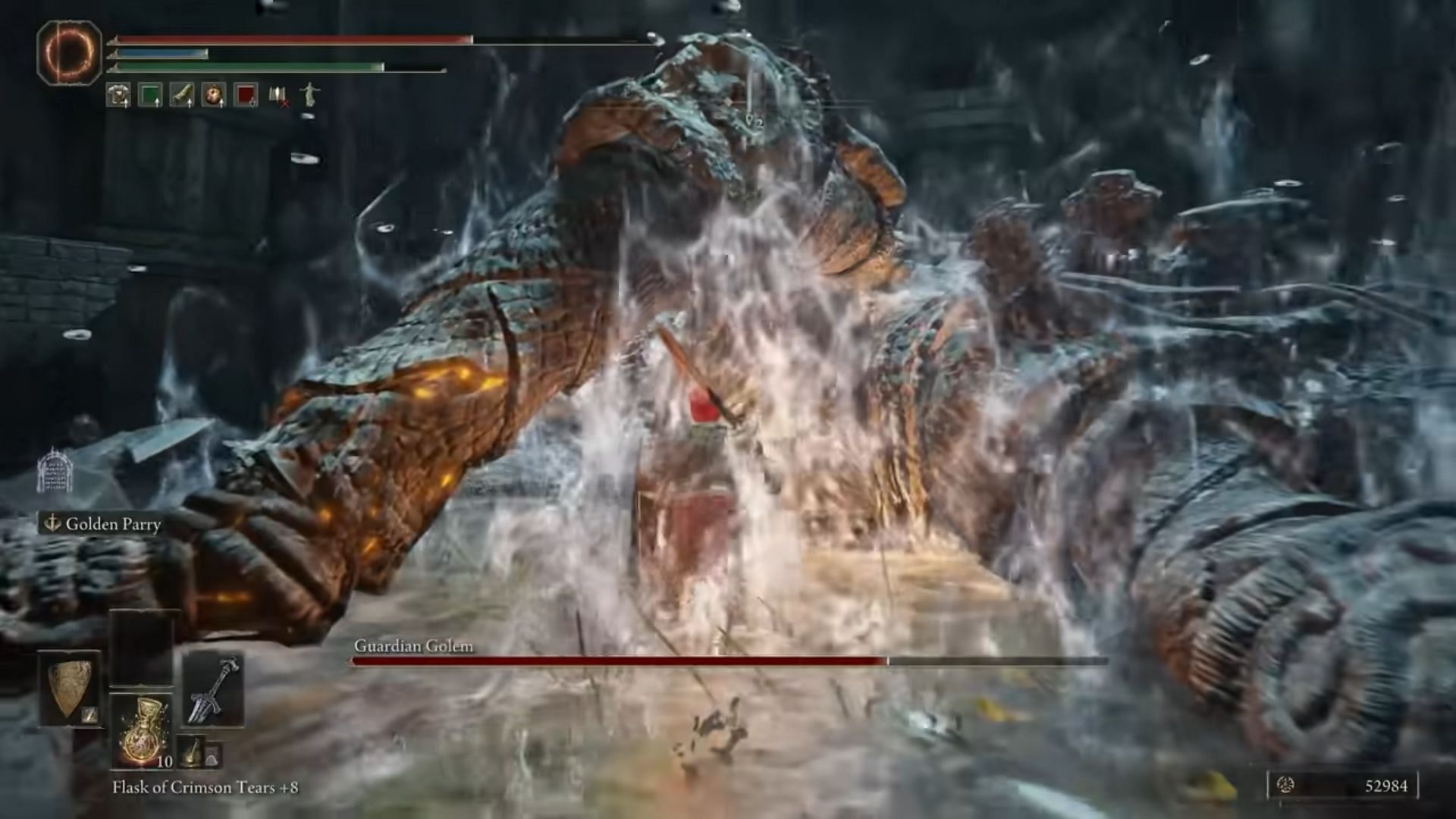 The Guardian Golem does not take a lot of effort to beat, apart from a few cautious moves in Elden Ring (Image via theDeModcracy/YouTube)