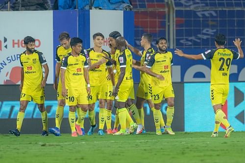 Hyderabad FC players celebrate Rohit Danu's goal against Mumbai City FC (Image Courtesy: ISL)