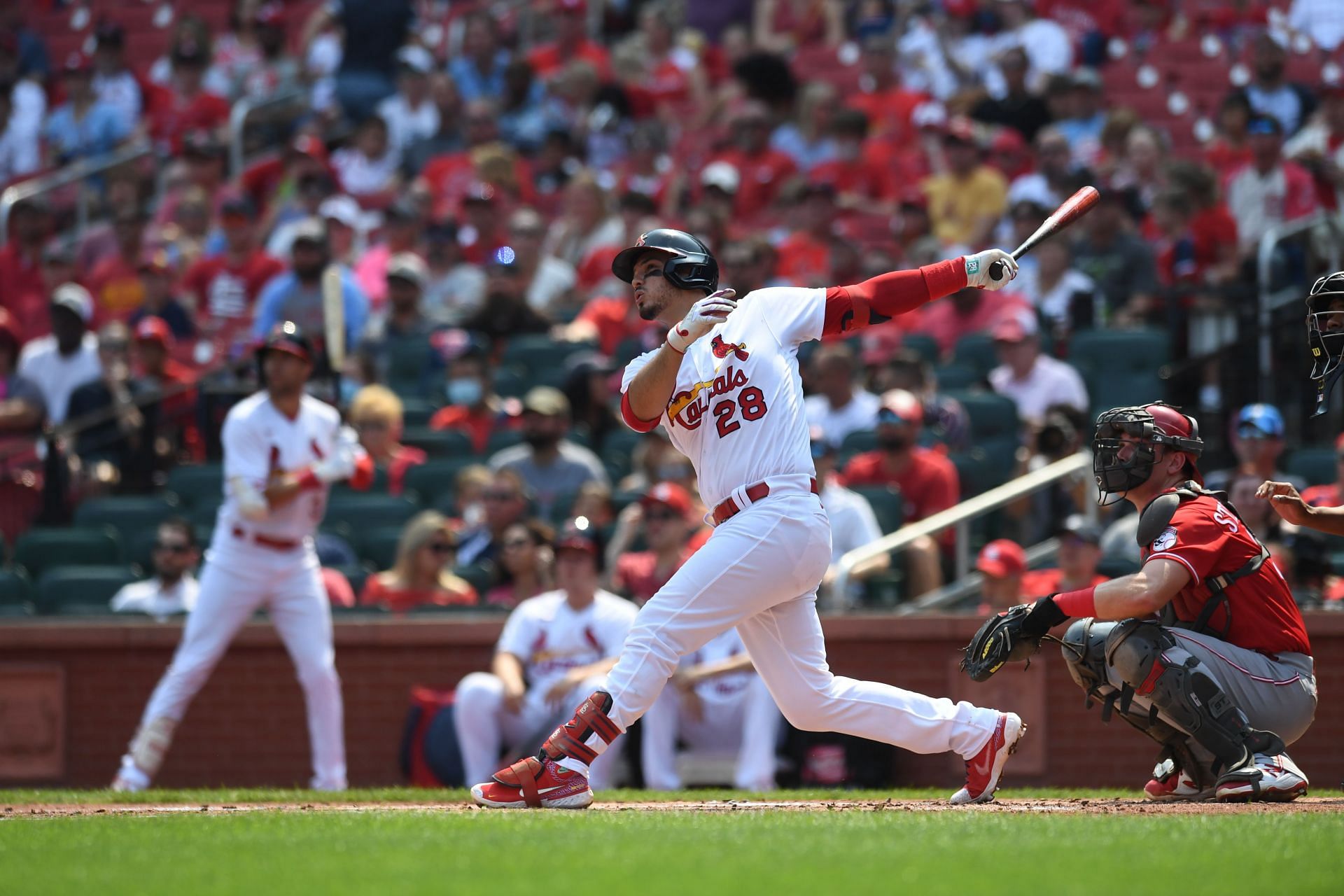 Nolan Arenado takes a swing at a pitch during a Cincinnati Reds v St Louis Cardinals game