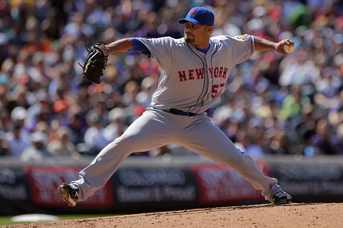 Johan Santana pitching during a New York Mets v Colorado Rockies game.