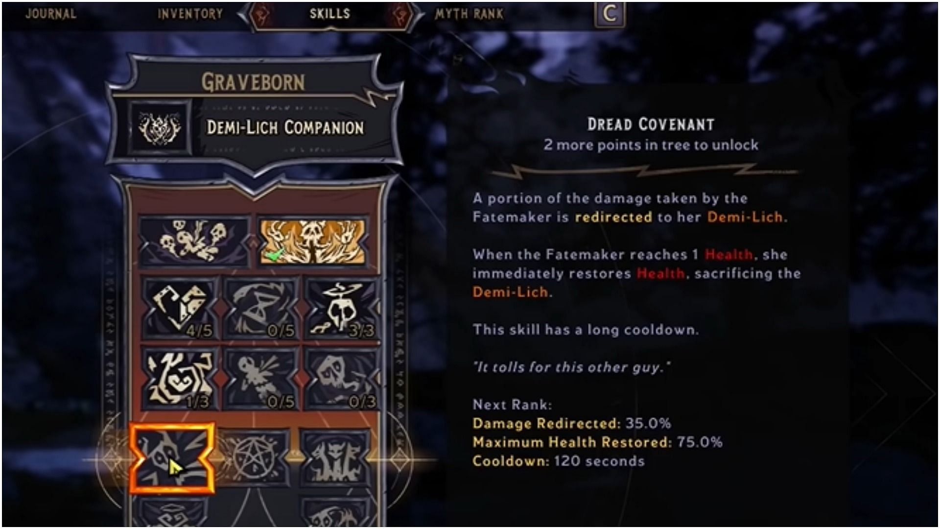 By sacrificing the Demi-Lich Companion, Dread Convenant heals the player (Image via Joltzdude139/YouTube)